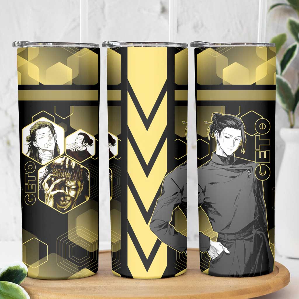 Suguru Geto Jujutsu Kaisen Gold Hexagon Design Skinny Tumbler with Multiple Expressions and Manga Style Art - The Mazicc