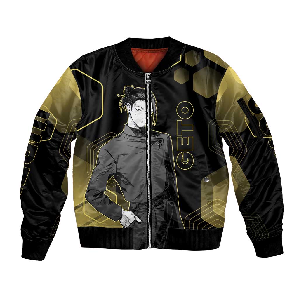 Suguru Geto Jujutsu Kaisen Gold Hexagon Design Sleeve Zip Bomber Jacket with Multiple Expressions and Manga Style Art - The Mazicc