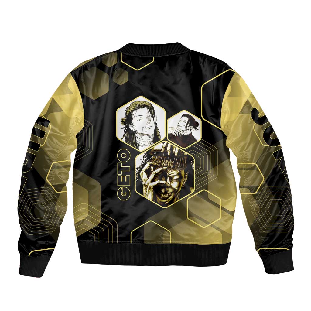 Suguru Geto Jujutsu Kaisen Gold Hexagon Design Sleeve Zip Bomber Jacket with Multiple Expressions and Manga Style Art - The Mazicc
