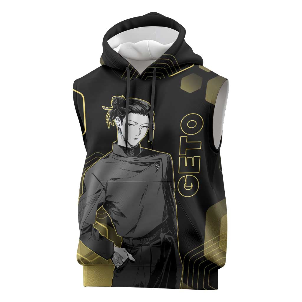 Suguru Geto Jujutsu Kaisen Gold Hexagon Design Sleeveless Hoodie with Multiple Expressions and Manga Style Art - The Mazicc