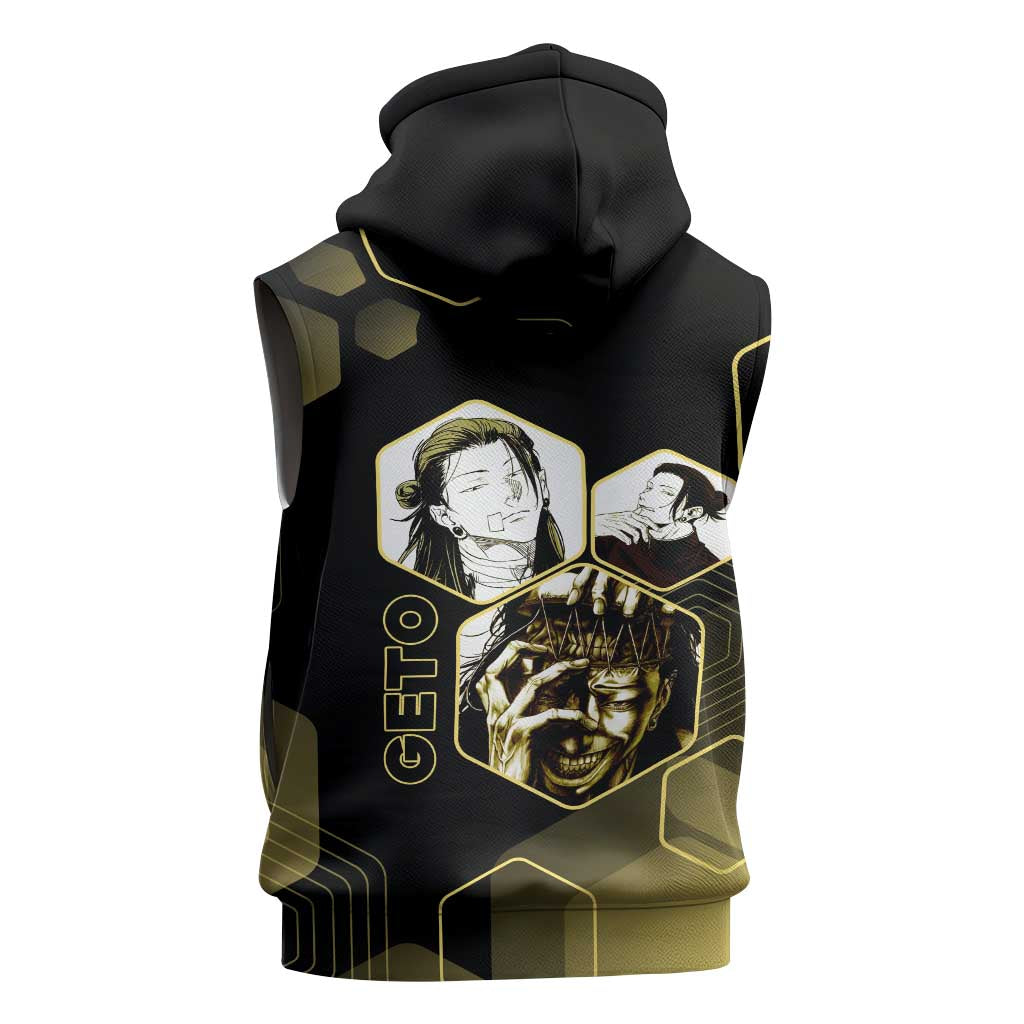 Suguru Geto Jujutsu Kaisen Gold Hexagon Design Sleeveless Hoodie with Multiple Expressions and Manga Style Art - The Mazicc