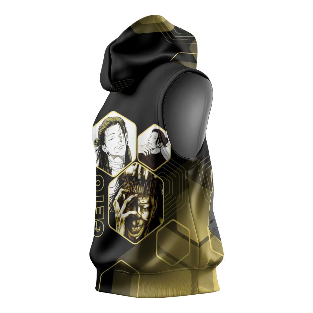 Suguru Geto Jujutsu Kaisen Gold Hexagon Design Sleeveless Hoodie with Multiple Expressions and Manga Style Art - The Mazicc