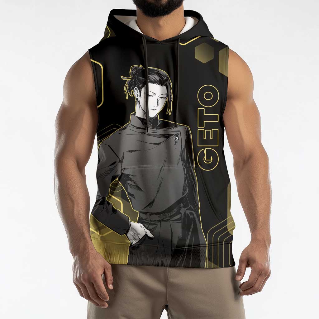 Suguru Geto Jujutsu Kaisen Gold Hexagon Design Sleeveless Hoodie with Multiple Expressions and Manga Style Art - The Mazicc