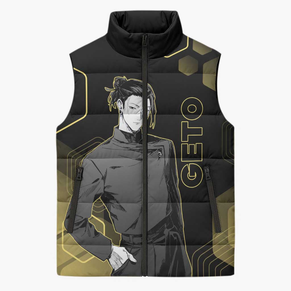 Suguru Geto Jujutsu Kaisen Gold Hexagon Design Sleeveless Puffer Jacket with Multiple Expressions and Manga Style Art - The Mazicc