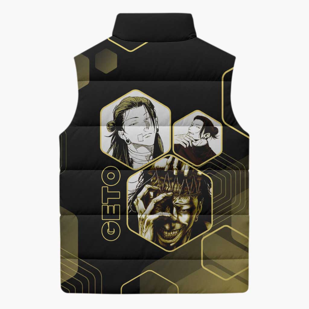 Suguru Geto Jujutsu Kaisen Gold Hexagon Design Sleeveless Puffer Jacket with Multiple Expressions and Manga Style Art - The Mazicc