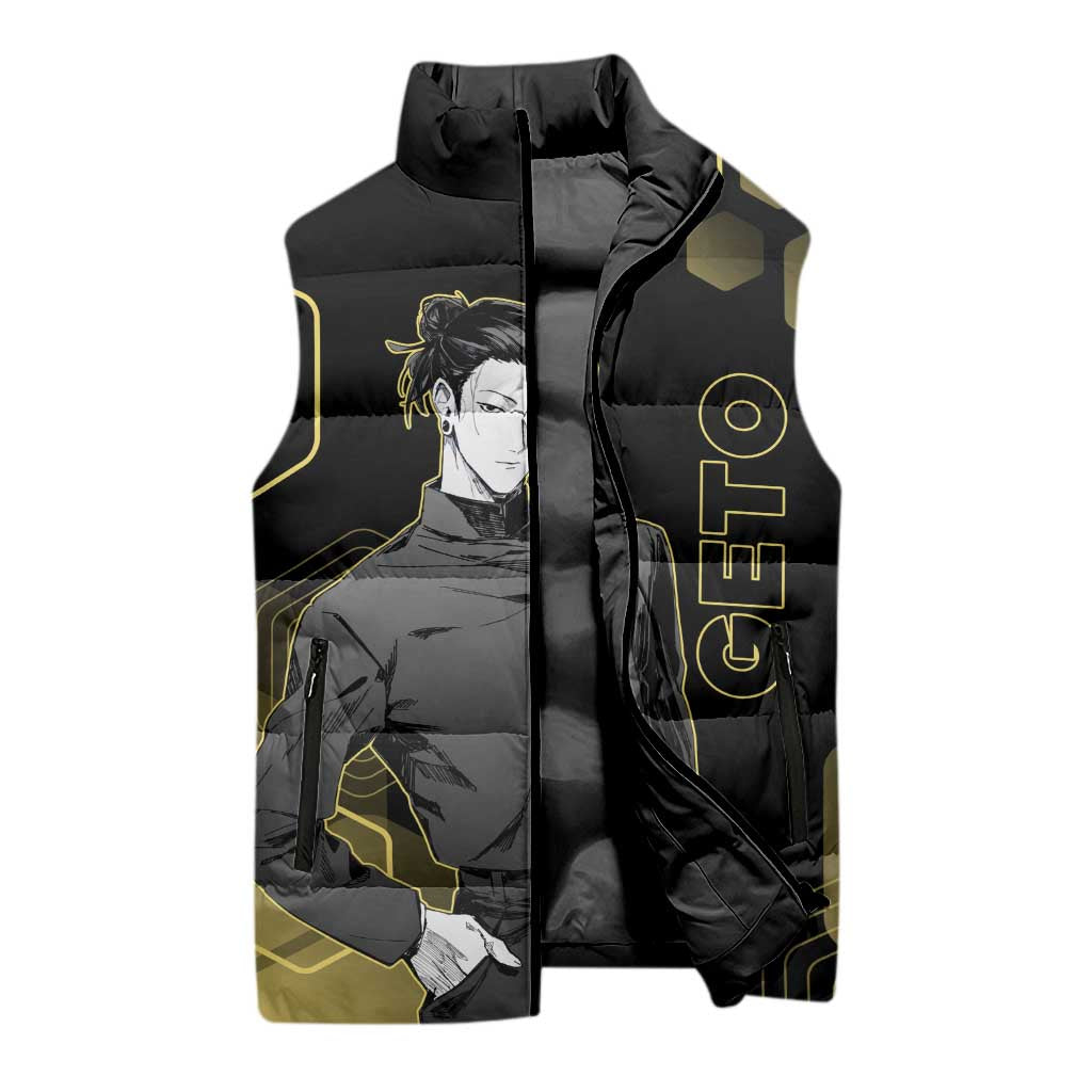 Suguru Geto Jujutsu Kaisen Gold Hexagon Design Sleeveless Puffer Jacket with Multiple Expressions and Manga Style Art - The Mazicc
