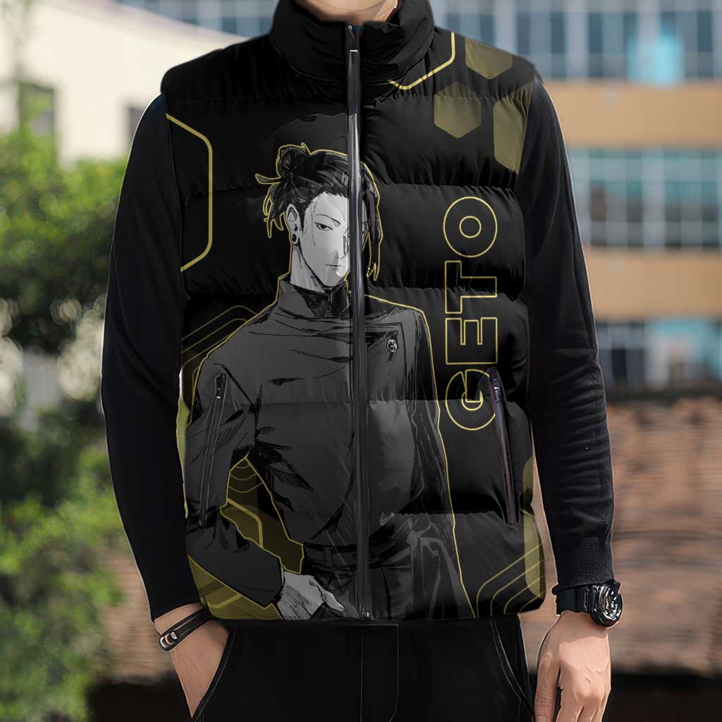 Suguru Geto Jujutsu Kaisen Gold Hexagon Design Sleeveless Puffer Jacket with Multiple Expressions and Manga Style Art - The Mazicc