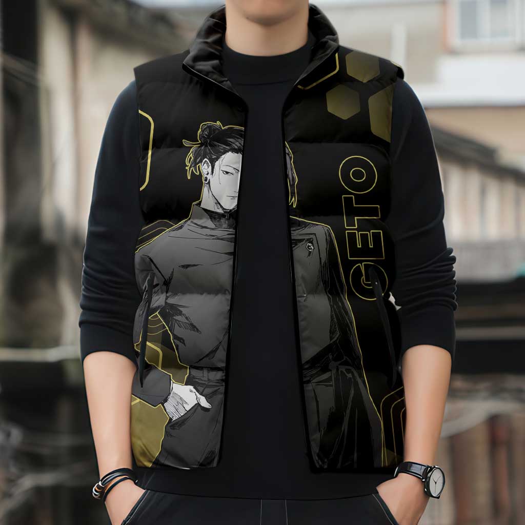 Suguru Geto Jujutsu Kaisen Gold Hexagon Design Sleeveless Puffer Jacket with Multiple Expressions and Manga Style Art - The Mazicc