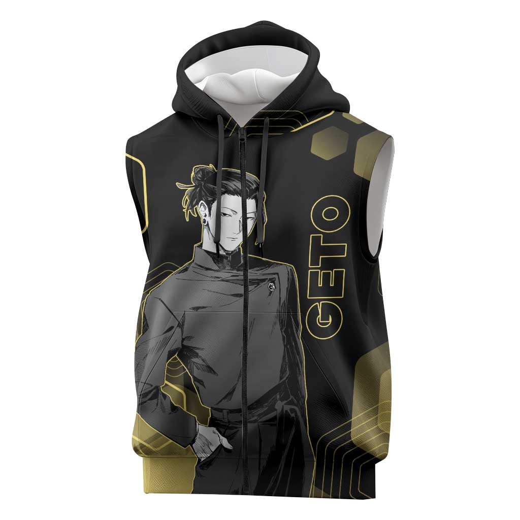 Suguru Geto Jujutsu Kaisen Gold Hexagon Design Sleeveless Zip Hoodie with Multiple Expressions and Manga Style Art - The Mazicc