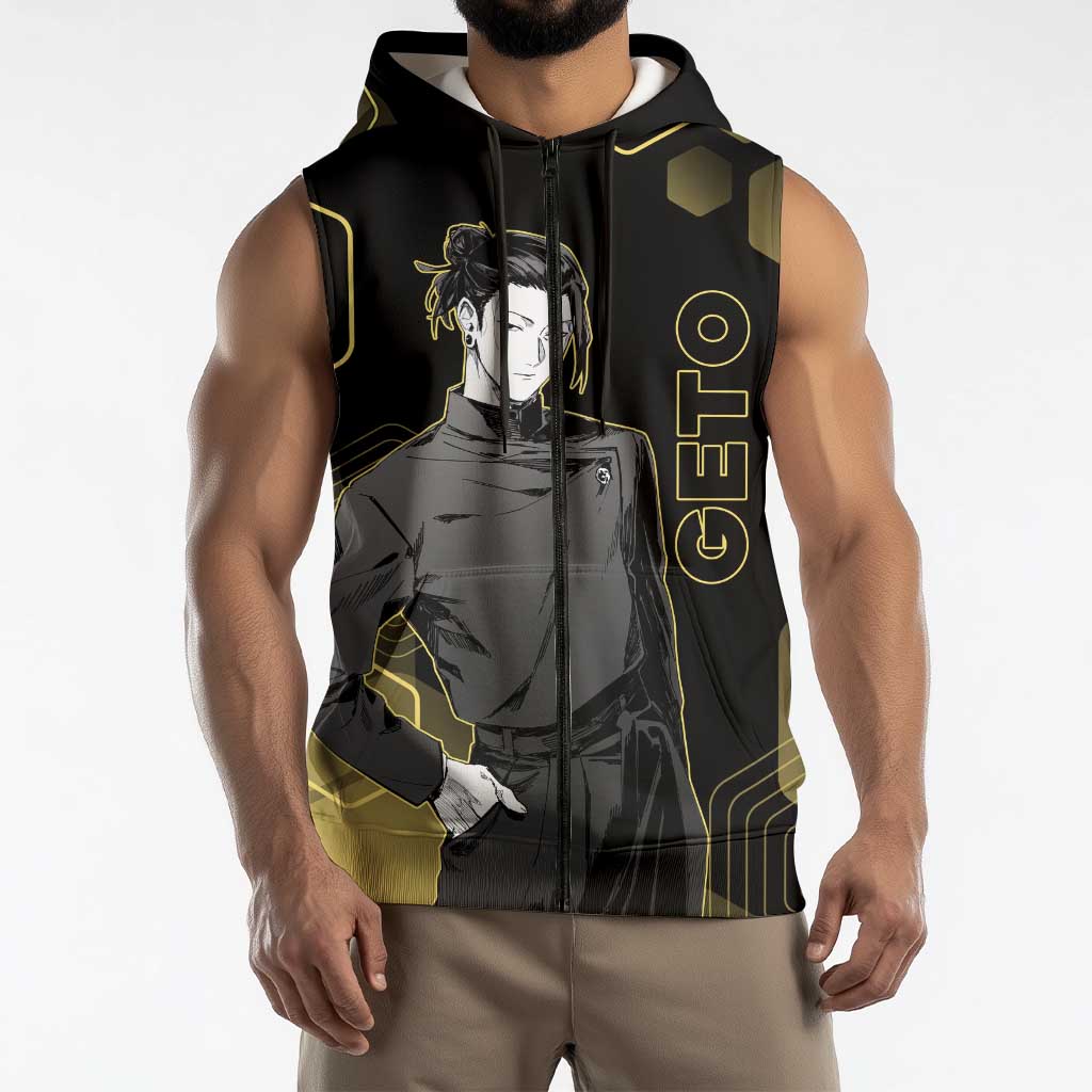 Suguru Geto Jujutsu Kaisen Gold Hexagon Design Sleeveless Zip Hoodie with Multiple Expressions and Manga Style Art - The Mazicc