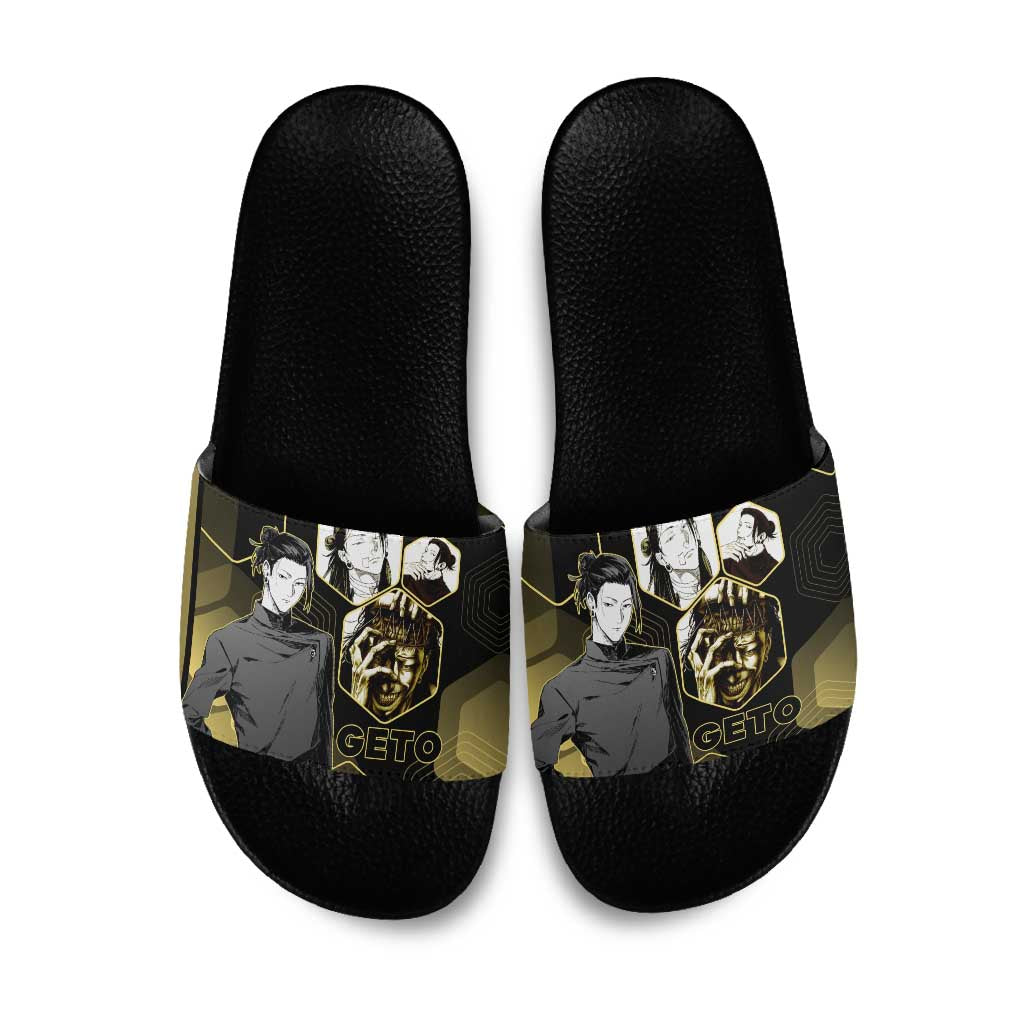 Suguru Geto Jujutsu Kaisen Gold Hexagon Design Slide Sandals with Multiple Expressions and Manga Style Art - The Mazicc