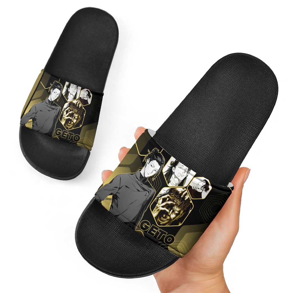 Suguru Geto Jujutsu Kaisen Gold Hexagon Design Slide Sandals with Multiple Expressions and Manga Style Art - The Mazicc
