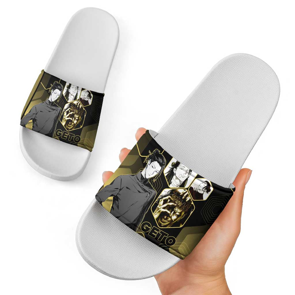 Suguru Geto Jujutsu Kaisen Gold Hexagon Design Slide Sandals with Multiple Expressions and Manga Style Art - The Mazicc