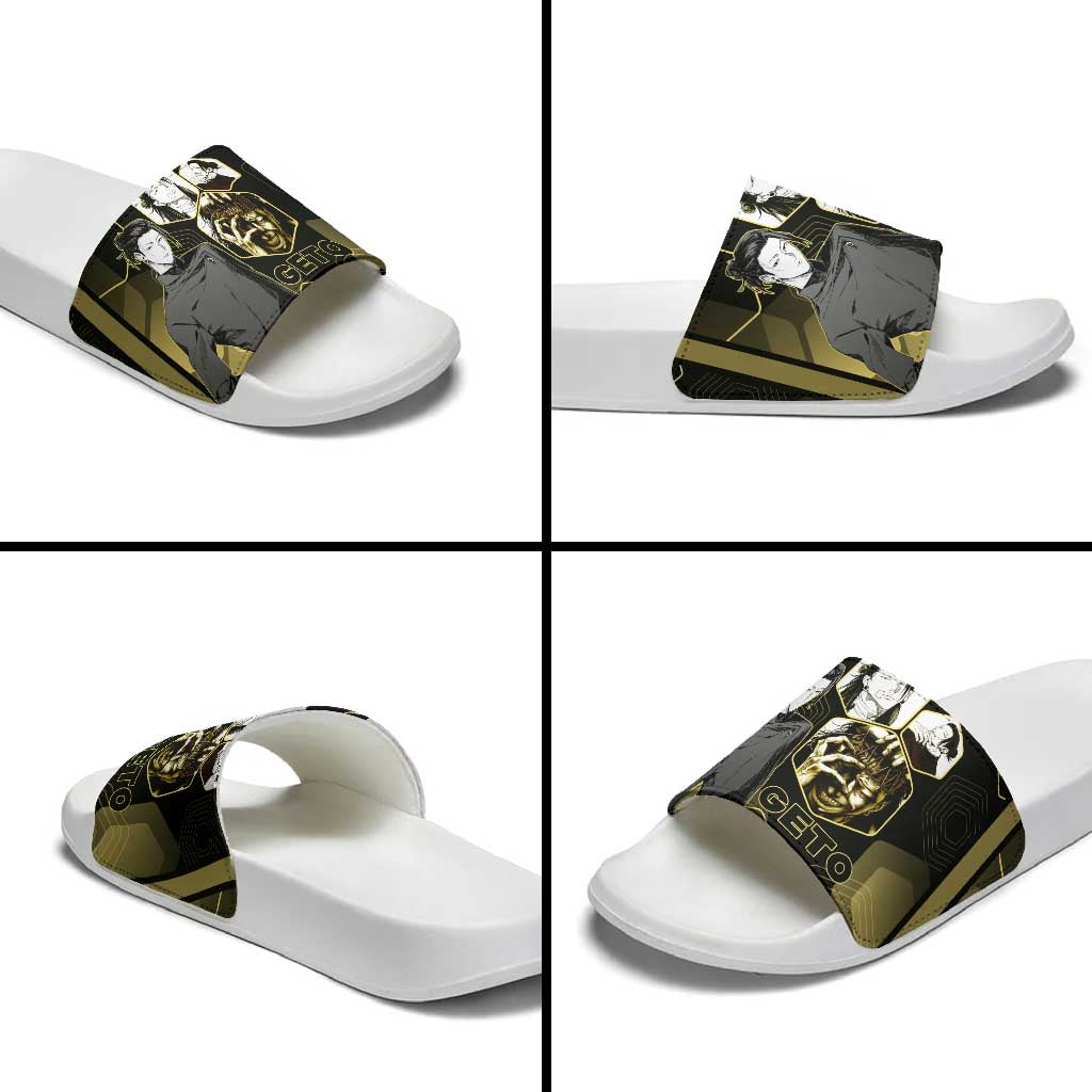 Suguru Geto Jujutsu Kaisen Gold Hexagon Design Slide Sandals with Multiple Expressions and Manga Style Art - The Mazicc