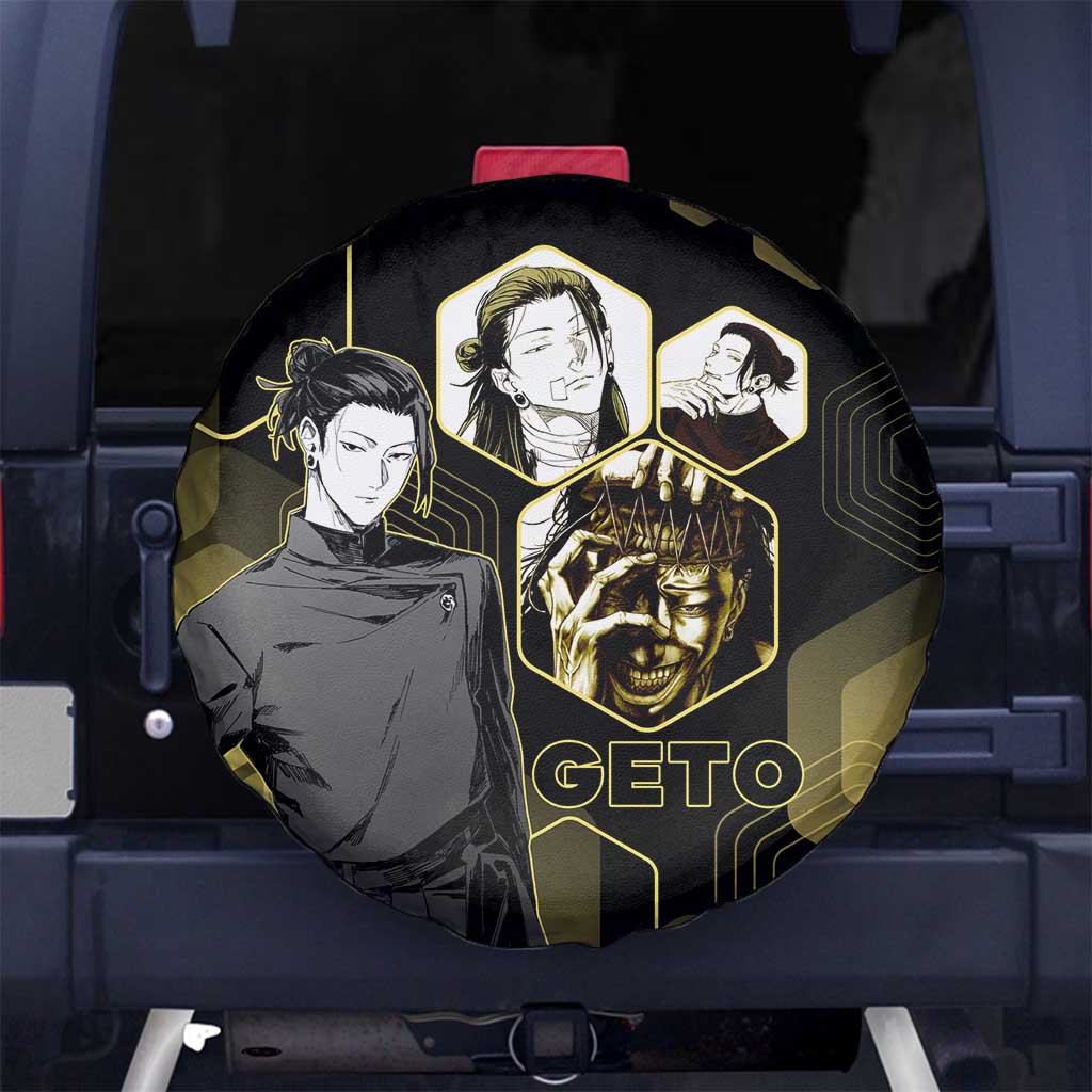 Suguru Geto Jujutsu Kaisen Gold Hexagon Design Spare Tire Cover with Multiple Expressions and Manga Style Art - The Mazicc