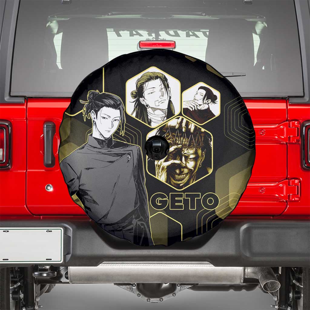 Suguru Geto Jujutsu Kaisen Gold Hexagon Design Spare Tire Cover with Multiple Expressions and Manga Style Art - The Mazicc
