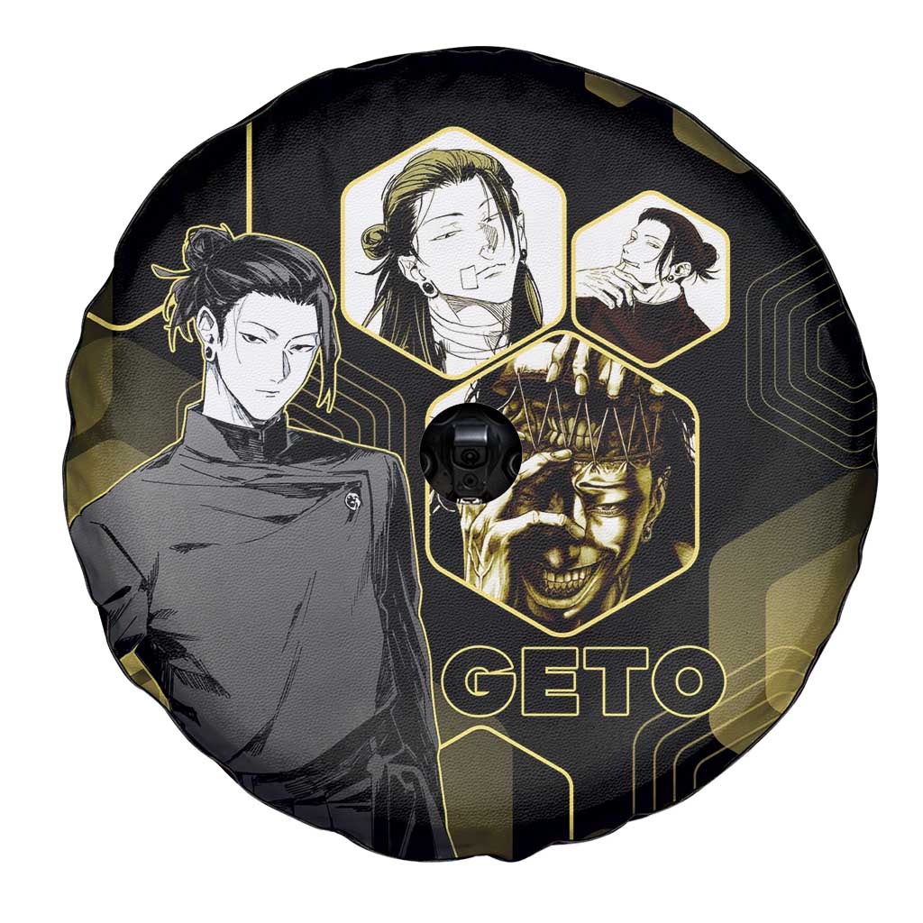 Suguru Geto Jujutsu Kaisen Gold Hexagon Design Spare Tire Cover with Multiple Expressions and Manga Style Art - The Mazicc