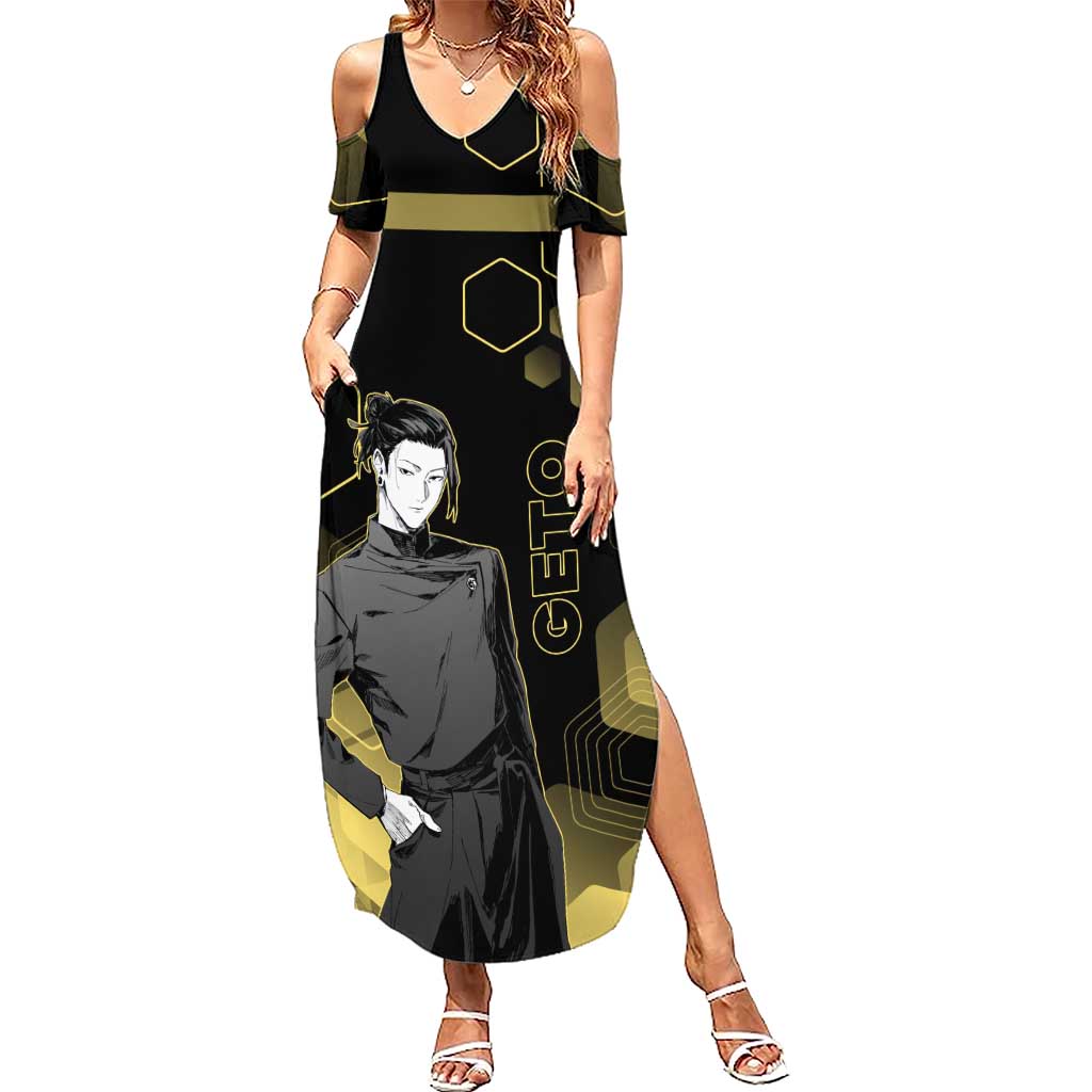 Suguru Geto Jujutsu Kaisen Gold Hexagon Design Summer Maxi Dress with Multiple Expressions and Manga Style Art - The Mazicc
