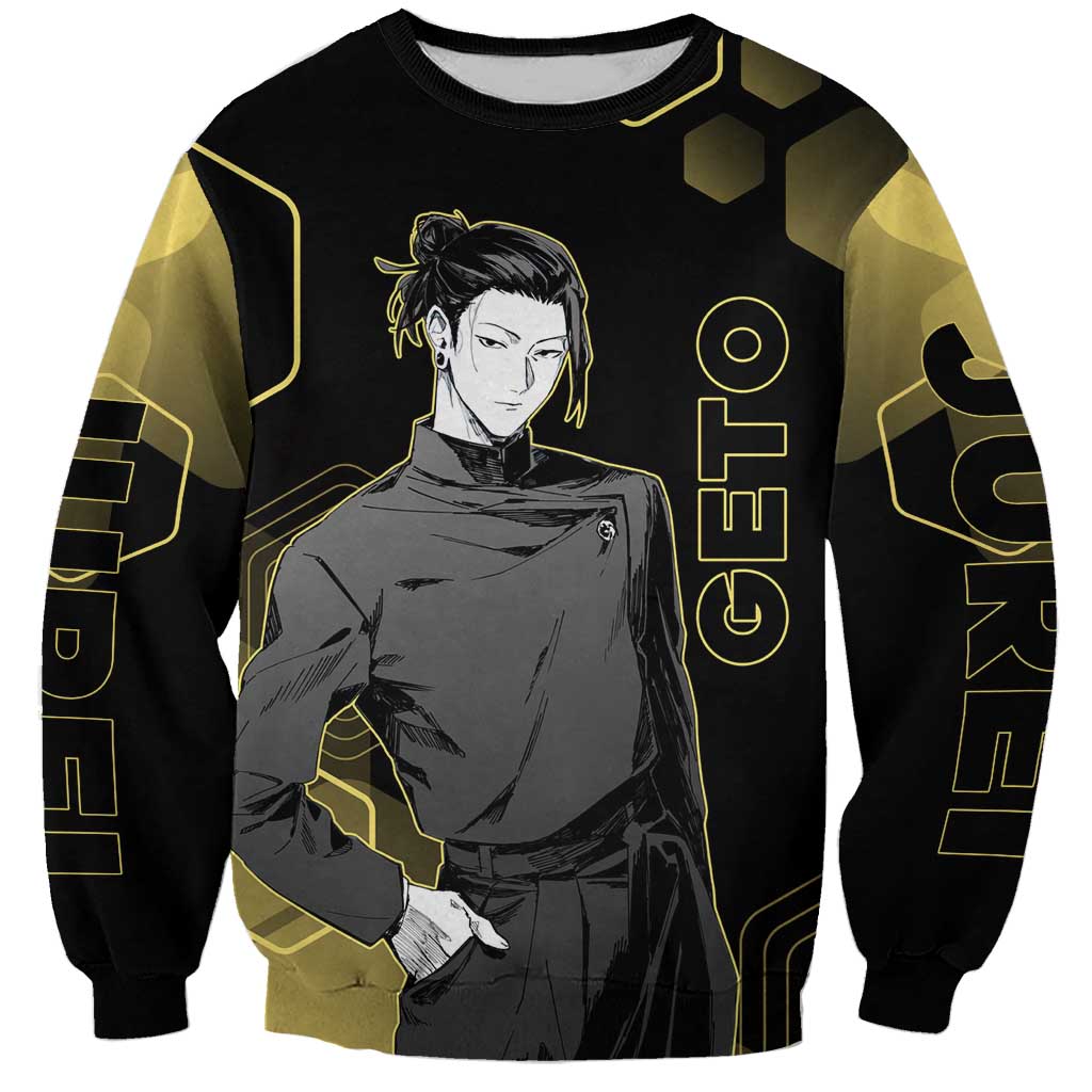 Suguru Geto Jujutsu Kaisen Gold Hexagon Design Sweatshirt with Multiple Expressions and Manga Style Art - The Mazicc