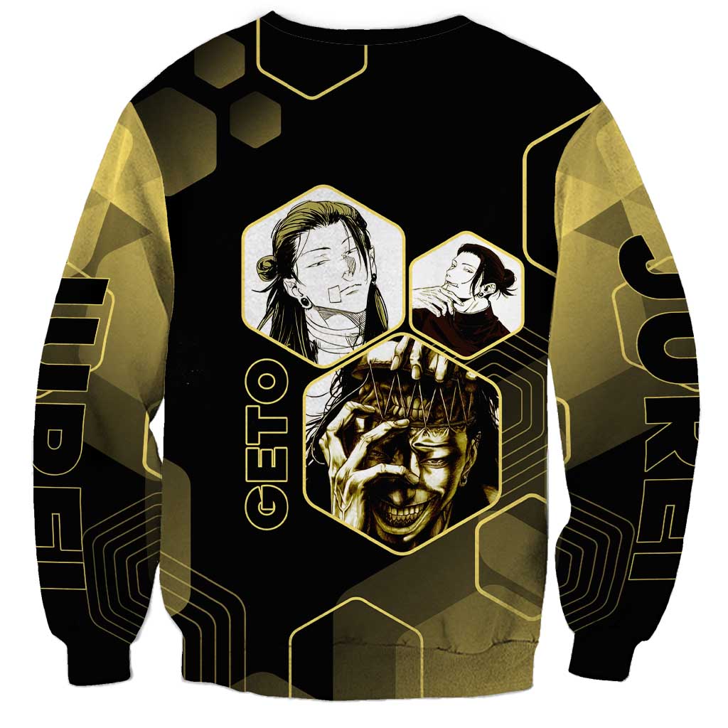 Suguru Geto Jujutsu Kaisen Gold Hexagon Design Sweatshirt with Multiple Expressions and Manga Style Art - The Mazicc