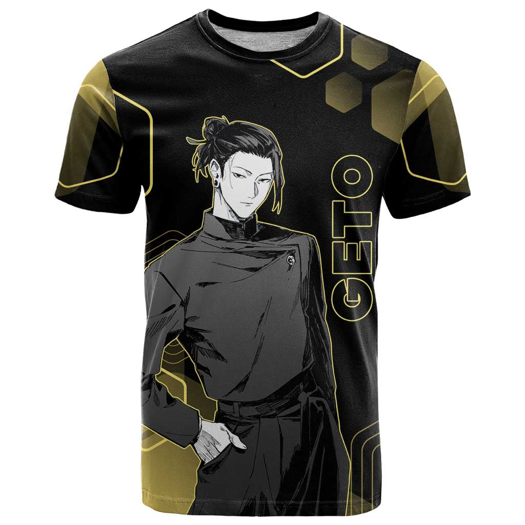 Suguru Geto Jujutsu Kaisen Gold Hexagon Design T Shirt with Multiple Expressions and Manga Style Art - The Mazicc