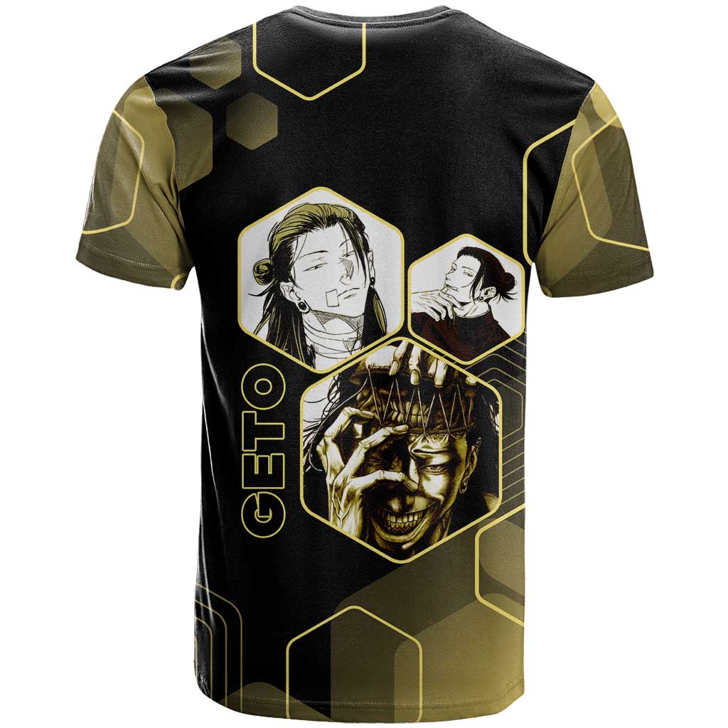 Suguru Geto Jujutsu Kaisen Gold Hexagon Design T Shirt with Multiple Expressions and Manga Style Art - The Mazicc