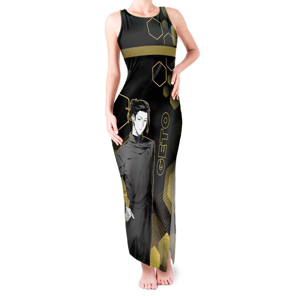 Suguru Geto Jujutsu Kaisen Gold Hexagon Design Tank Maxi Dress with Multiple Expressions and Manga Style Art - The Mazicc