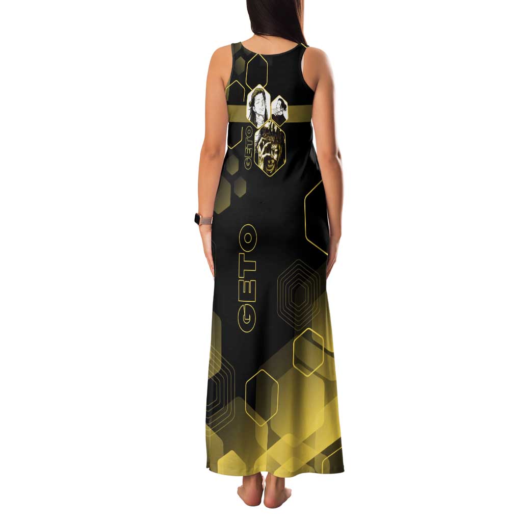 Suguru Geto Jujutsu Kaisen Gold Hexagon Design Tank Maxi Dress with Multiple Expressions and Manga Style Art - The Mazicc