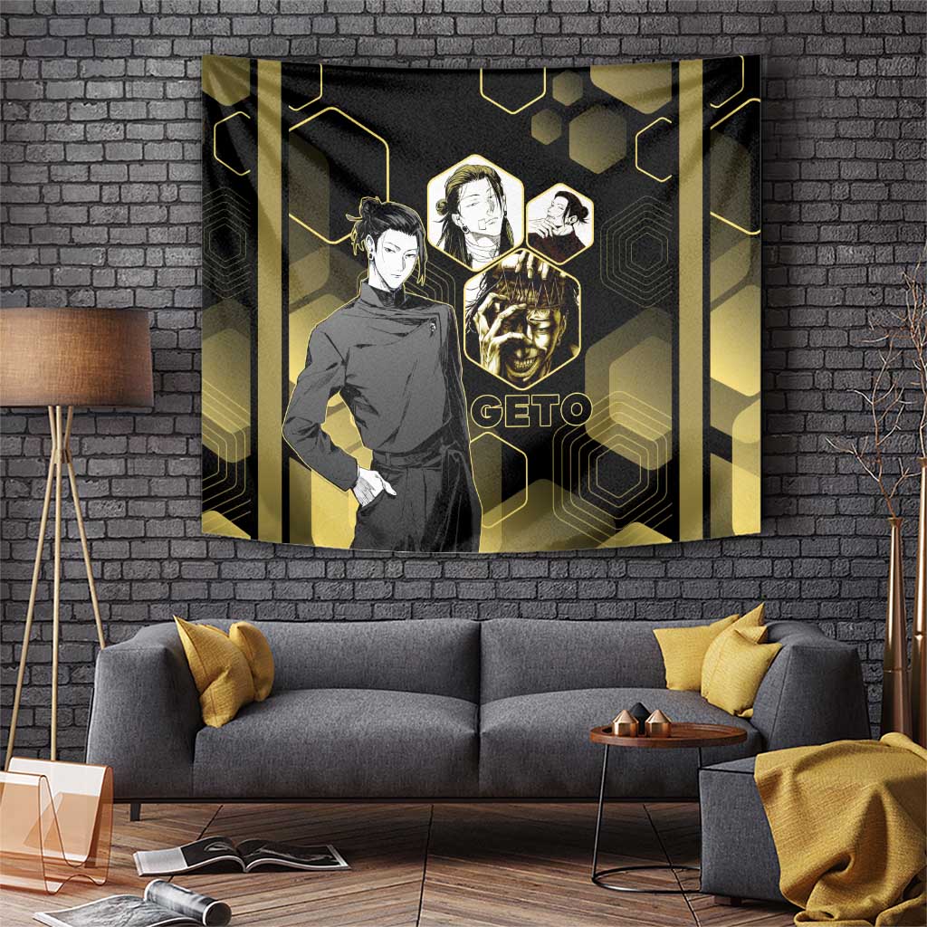 Suguru Geto Jujutsu Kaisen Gold Hexagon Design Tapestry with Multiple Expressions and Manga Style Art - The Mazicc