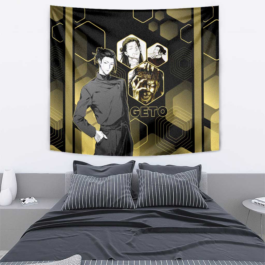 Suguru Geto Jujutsu Kaisen Gold Hexagon Design Tapestry with Multiple Expressions and Manga Style Art - The Mazicc