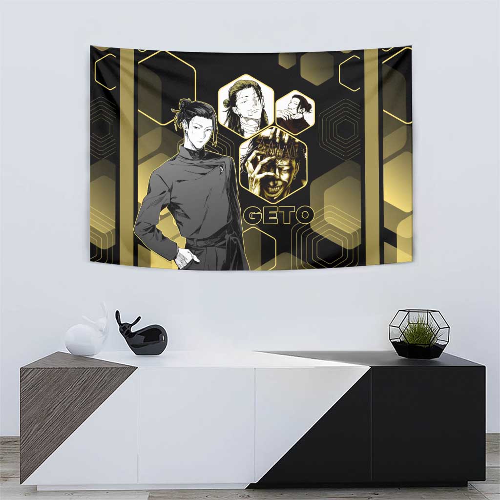 Suguru Geto Jujutsu Kaisen Gold Hexagon Design Tapestry with Multiple Expressions and Manga Style Art - The Mazicc