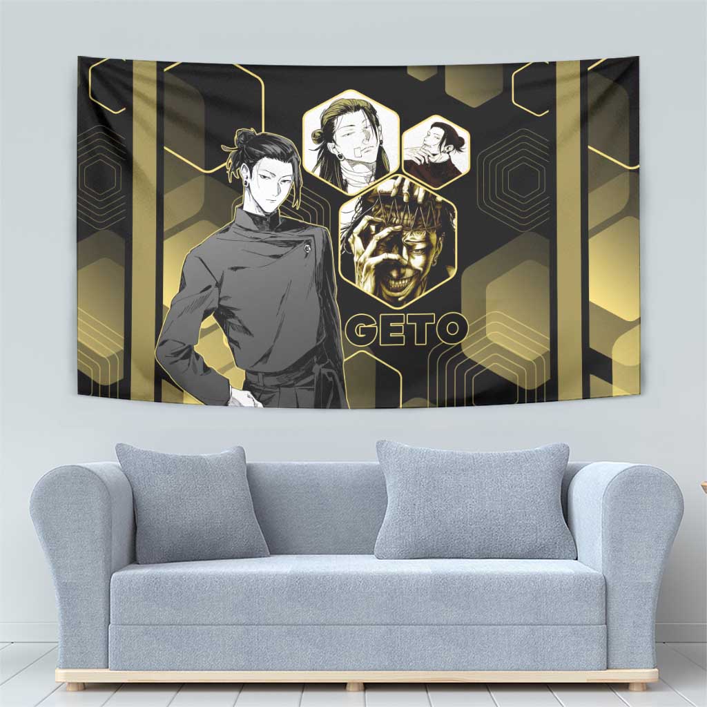 Suguru Geto Jujutsu Kaisen Gold Hexagon Design Tapestry with Multiple Expressions and Manga Style Art - The Mazicc