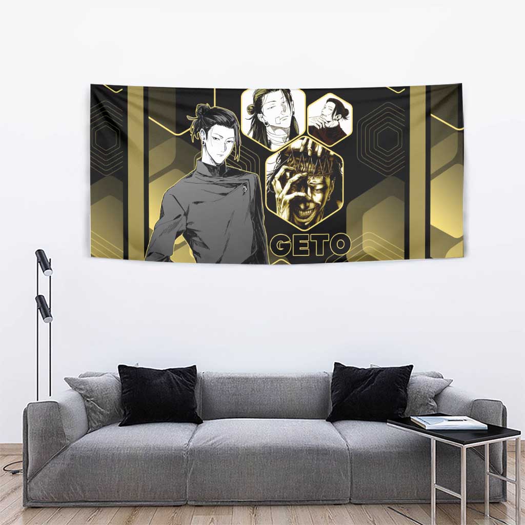 Suguru Geto Jujutsu Kaisen Gold Hexagon Design Tapestry with Multiple Expressions and Manga Style Art - The Mazicc