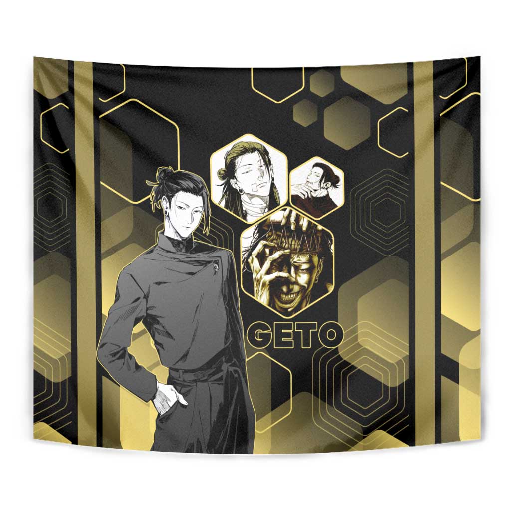 Suguru Geto Jujutsu Kaisen Gold Hexagon Design Tapestry with Multiple Expressions and Manga Style Art - The Mazicc