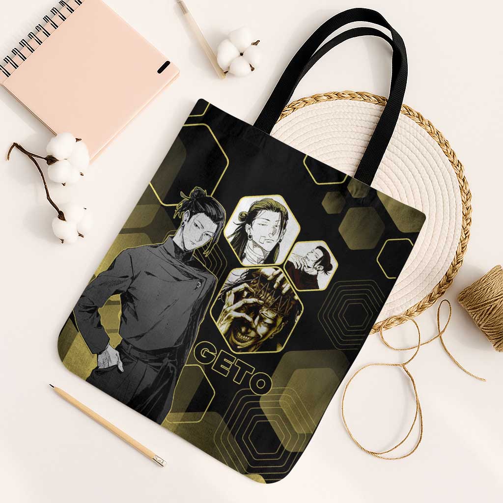 Suguru Geto Jujutsu Kaisen Gold Hexagon Design Tote Bag with Multiple Expressions and Manga Style Art - The Mazicc