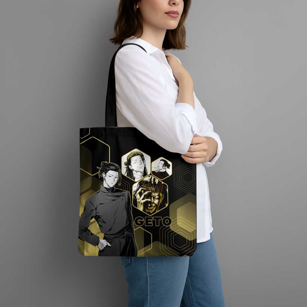 Suguru Geto Jujutsu Kaisen Gold Hexagon Design Tote Bag with Multiple Expressions and Manga Style Art - The Mazicc