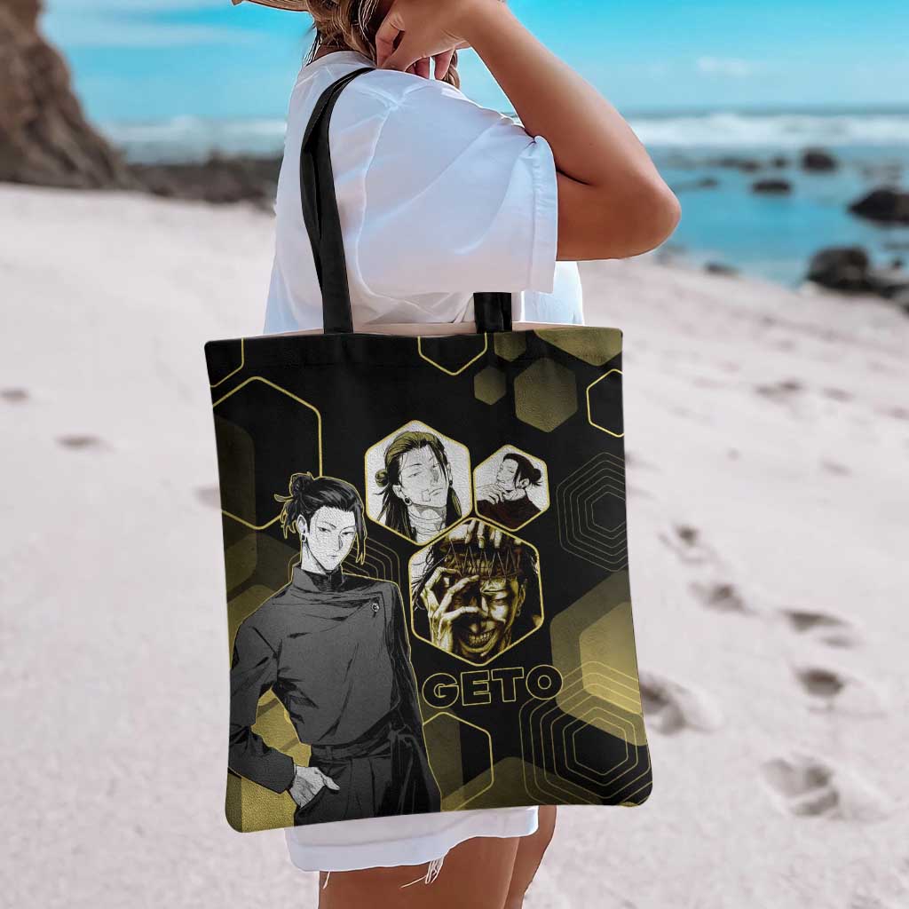 Suguru Geto Jujutsu Kaisen Gold Hexagon Design Tote Bag with Multiple Expressions and Manga Style Art - The Mazicc