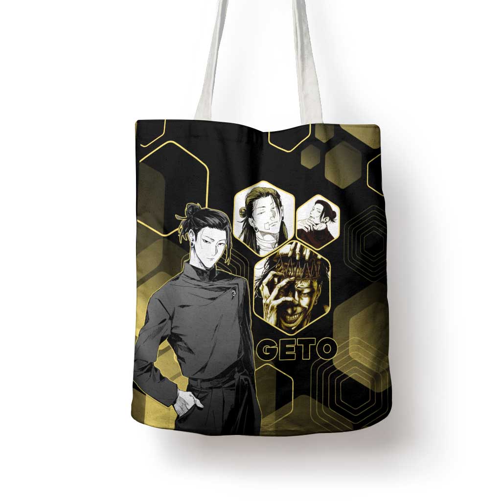 Suguru Geto Jujutsu Kaisen Gold Hexagon Design Tote Bag with Multiple Expressions and Manga Style Art - The Mazicc
