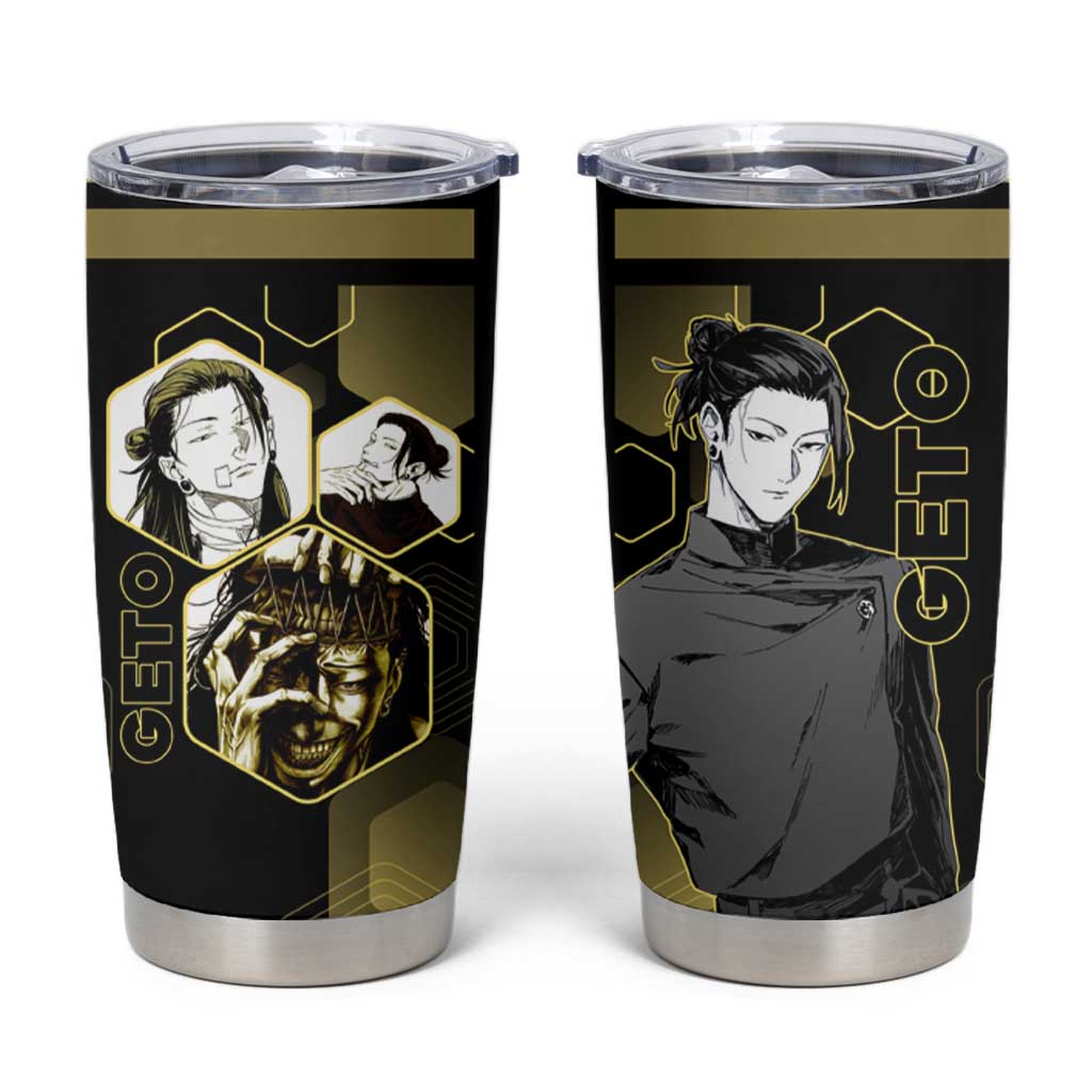 Suguru Geto Jujutsu Kaisen Gold Hexagon Design Tumbler Cup with Multiple Expressions and Manga Style Art - The Mazicc