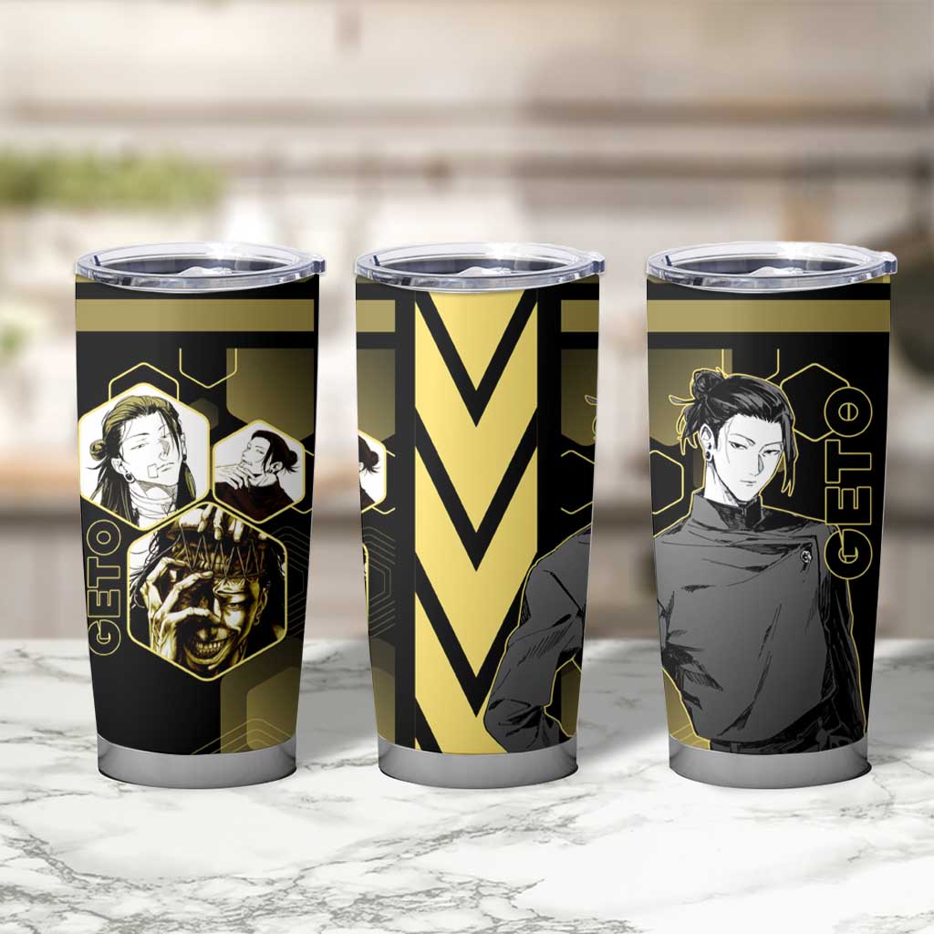 Suguru Geto Jujutsu Kaisen Gold Hexagon Design Tumbler Cup with Multiple Expressions and Manga Style Art - The Mazicc
