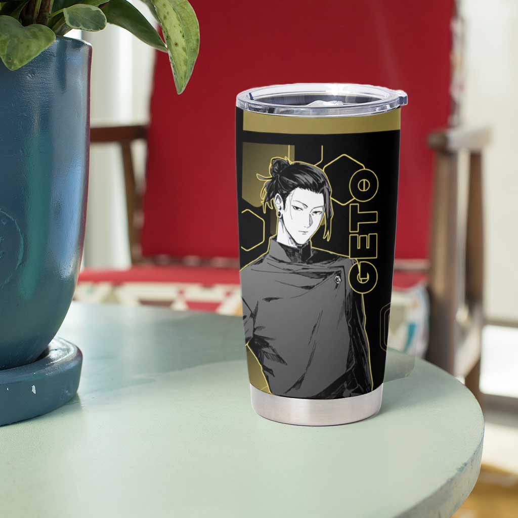 Suguru Geto Jujutsu Kaisen Gold Hexagon Design Tumbler Cup with Multiple Expressions and Manga Style Art - The Mazicc