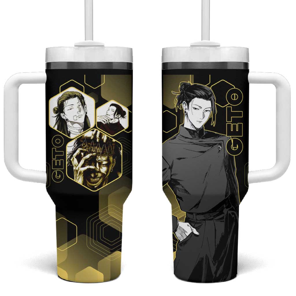 Suguru Geto Jujutsu Kaisen Gold Hexagon Design Tumbler With Handle with Multiple Expressions and Manga Style Art - The Mazicc