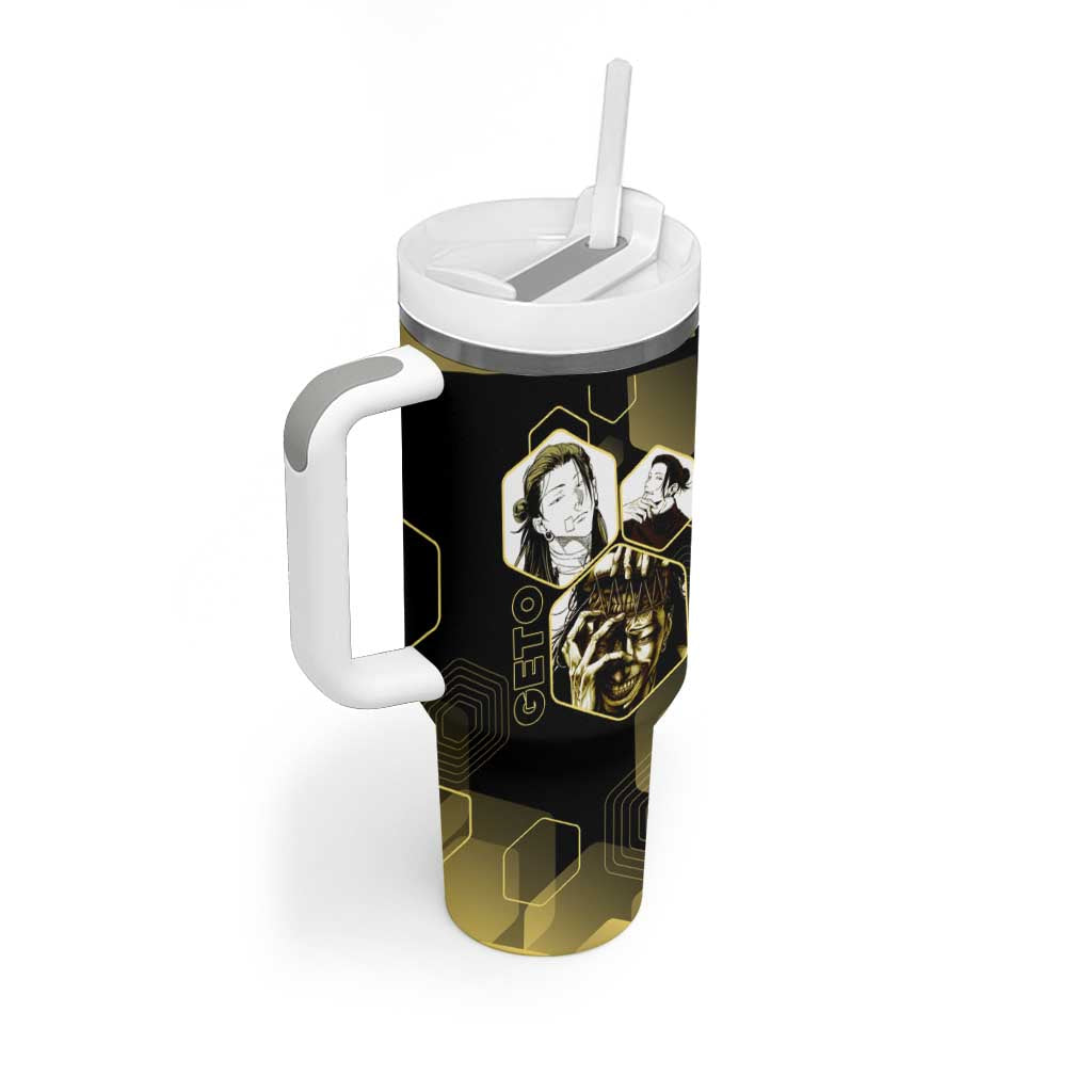 Suguru Geto Jujutsu Kaisen Gold Hexagon Design Tumbler With Handle with Multiple Expressions and Manga Style Art - The Mazicc
