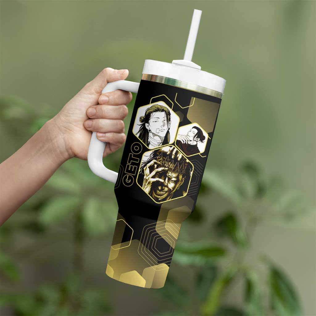 Suguru Geto Jujutsu Kaisen Gold Hexagon Design Tumbler With Handle with Multiple Expressions and Manga Style Art - The Mazicc