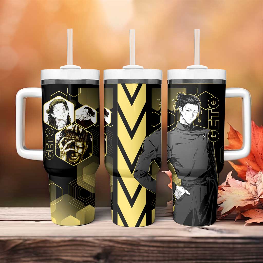 Suguru Geto Jujutsu Kaisen Gold Hexagon Design Tumbler With Handle with Multiple Expressions and Manga Style Art - The Mazicc
