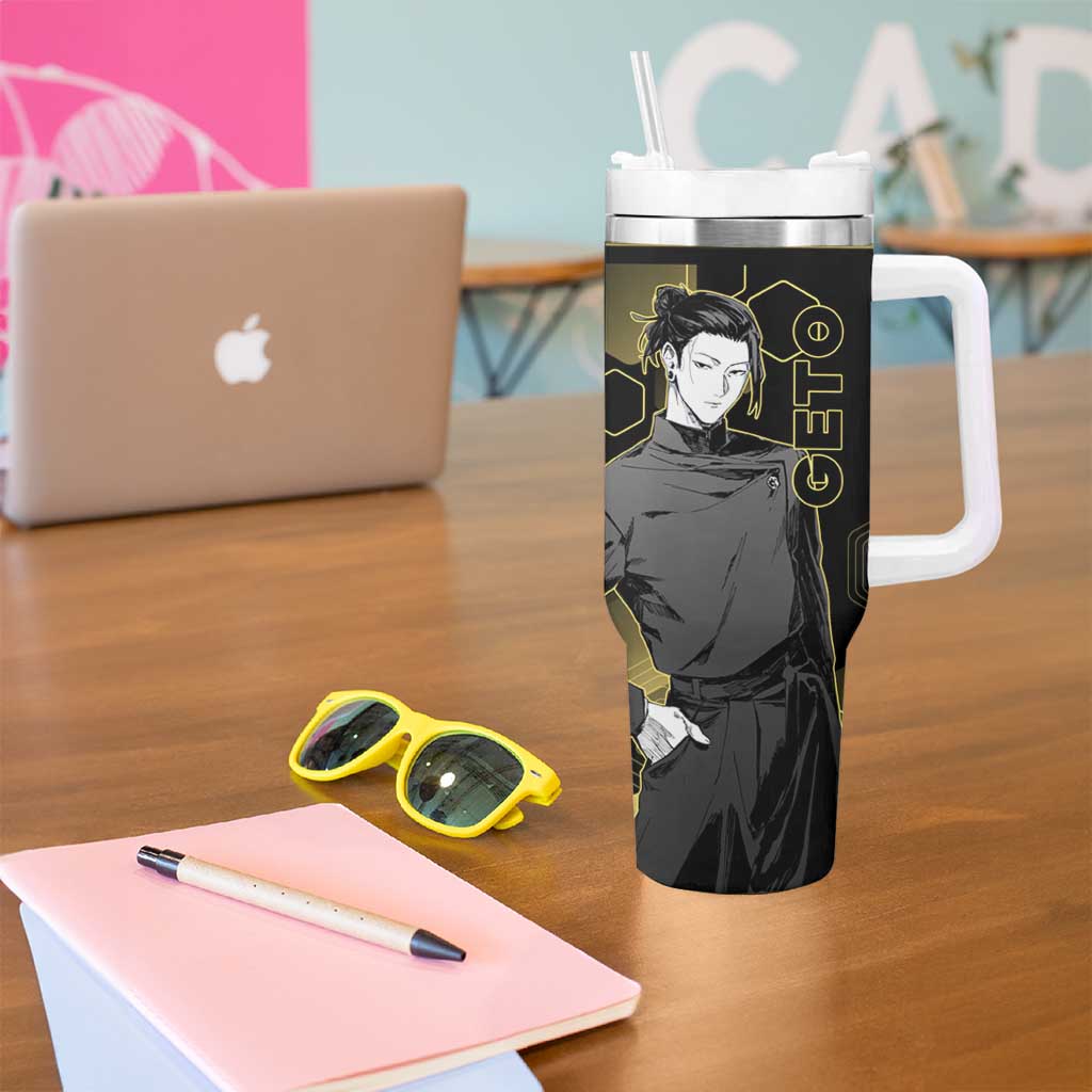 Suguru Geto Jujutsu Kaisen Gold Hexagon Design Tumbler With Handle with Multiple Expressions and Manga Style Art - The Mazicc