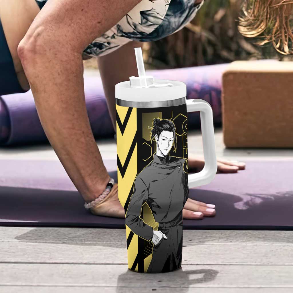 Suguru Geto Jujutsu Kaisen Gold Hexagon Design Tumbler With Handle with Multiple Expressions and Manga Style Art - The Mazicc
