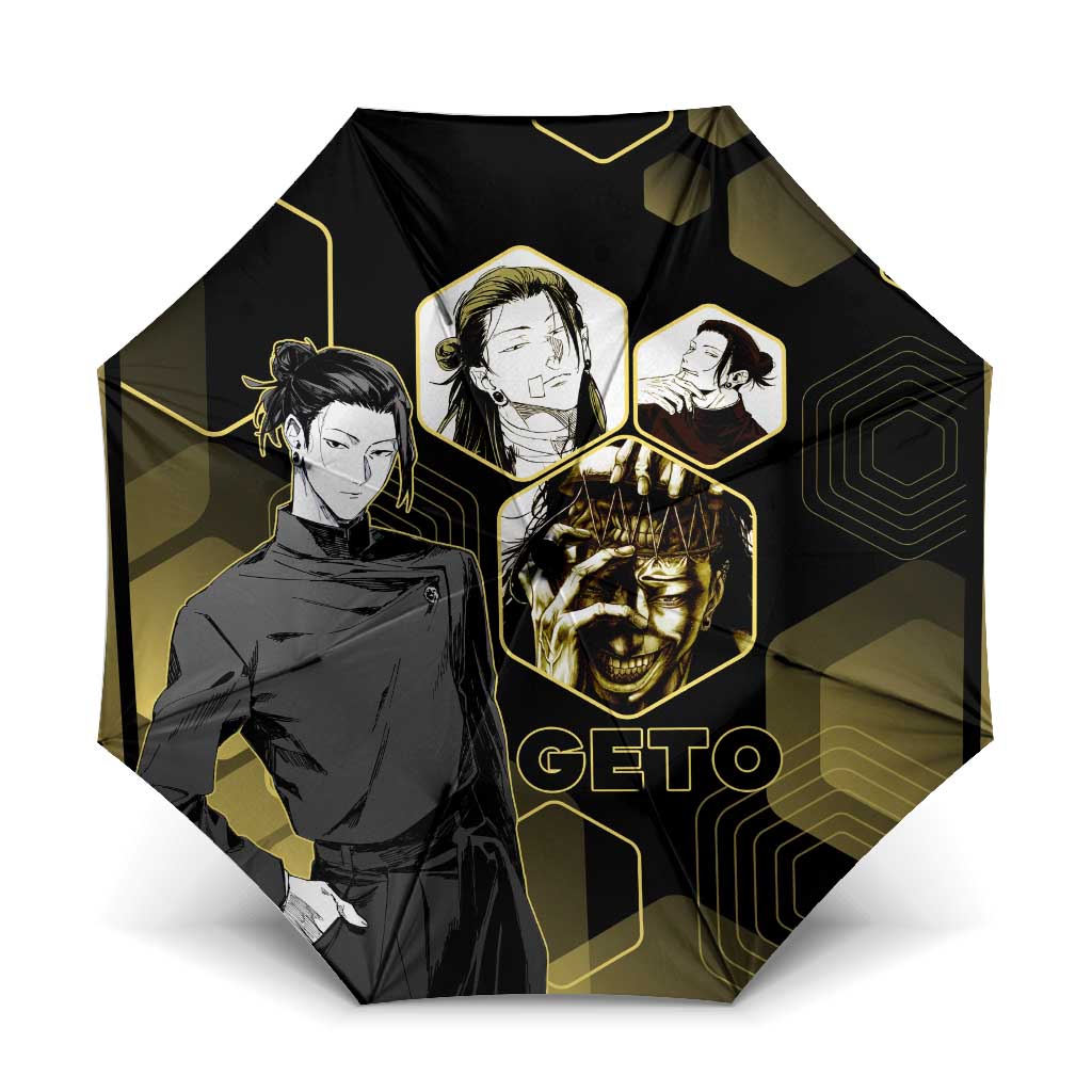 Suguru Geto Jujutsu Kaisen Gold Hexagon Design Umbrella with Multiple Expressions and Manga Style Art - The Mazicc