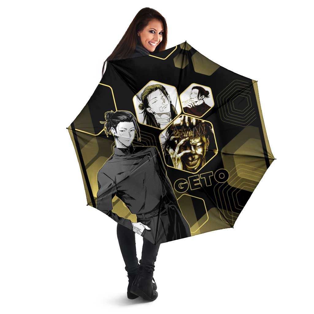 Suguru Geto Jujutsu Kaisen Gold Hexagon Design Umbrella with Multiple Expressions and Manga Style Art - The Mazicc