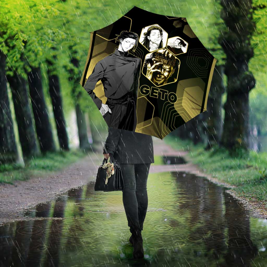 Suguru Geto Jujutsu Kaisen Gold Hexagon Design Umbrella with Multiple Expressions and Manga Style Art - The Mazicc